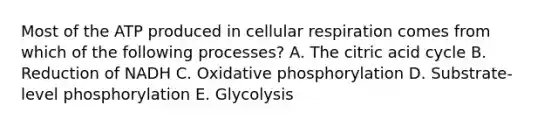 Most of the ATP produced in cellular respiration comes from which of the following processes? A. The citric acid cycle B. Reduction of NADH C. Oxidative phosphorylation D. Substrate-level phosphorylation E. Glycolysis