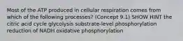 Most of the ATP produced in cellular respiration comes from which of the following processes? (Concept 9.1) SHOW HINT the citric acid cycle glycolysis substrate-level phosphorylation reduction of NADH oxidative phosphorylation