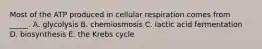 Most of the ATP produced in cellular respiration comes from _____. A. glycolysis B. chemiosmosis C. lactic acid fermentation D. biosynthesis E. the Krebs cycle