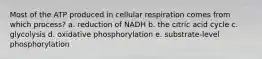 Most of the ATP produced in cellular respiration comes from which process? a. reduction of NADH b. the citric acid cycle c. glycolysis d. oxidative phosphorylation e. substrate-level phosphorylation