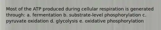 Most of the ATP produced during cellular respiration is generated through: a. fermentation b. substrate-level phosphorylation c. pyruvate oxidation d. glycolysis e. oxidative phosphorylation