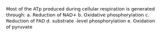 Most of the ATp produced during cellular respiration is generated through: a. Reduction of NAD+ b. Oxidative phosphorylation c. Reduction of FAD d. substrate -level phosphorylation e. Oxidation of pyruvate