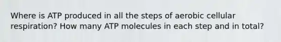 Where is ATP produced in all the steps of aerobic cellular respiration? How many ATP molecules in each step and in total?