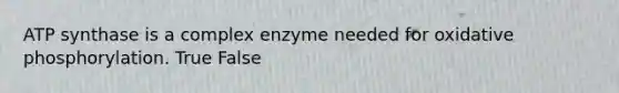ATP synthase is a complex enzyme needed for oxidative phosphorylation. True False