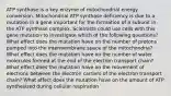 ATP synthase is a key enzyme of mitochondrial energy conversion. Mitochondrial ATP synthase deficiency is due to a mutation in a gene important for the formation of a subunit in the ATP synthase complex. Scientists could use cells with this gene mutation to investigate which of the following questions? What effect does the mutation have on the number of protons pumped into the intermembrane space of the mitochondria? What effect does the mutation have on the number of water molecules formed at the end of the electron transport chain? What effect does the mutation have on the movement of electrons between the electron carriers of the electron transport chain? What effect does the mutation have on the amount of ATP synthesized during cellular respiration