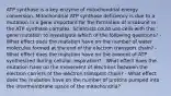 ATP synthase is a key enzyme of mitochondrial energy conversion. Mitochondrial ATP synthase deficiency is due to a mutation in a gene important for the formation of a subunit in the ATP synthase complex. Scientists could use cells with this gene mutation to investigate which of the following questions? - What effect does the mutation have on the number of water molecules formed at the end of the electron transport chain? - What effect does the mutation have on the amount of ATP synthesized during cellular respiration? - What effect does the mutation have on the movement of electrons between the electron carriers of the electron transport chain? - What effect does the mutation have on the number of protons pumped into the intermembrane space of the mitochondria?