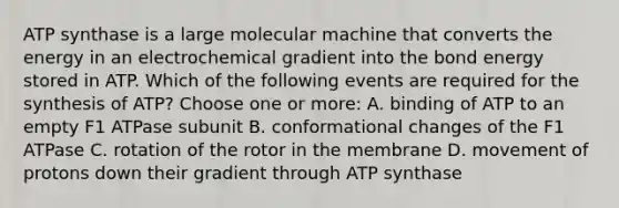 ATP synthase is a large molecular machine that converts the energy in an electrochemical gradient into the bond energy stored in ATP. Which of the following events are required for the synthesis of ATP? Choose one or more: A. binding of ATP to an empty F1 ATPase subunit B. conformational changes of the F1 ATPase C. rotation of the rotor in the membrane D. movement of protons down their gradient through ATP synthase