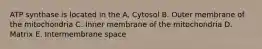 ATP synthase is located in the A. Cytosol B. Outer membrane of the mitochondria C. Inner membrane of the mitochondria D. Matrix E. Intermembrane space