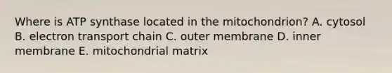 Where is ATP synthase located in the mitochondrion? A. cytosol B. electron transport chain C. outer membrane D. inner membrane E. mitochondrial matrix