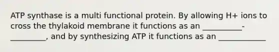 ATP synthase is a multi functional protein. By allowing H+ ions to cross the thylakoid membrane it functions as an __________-_________, and by synthesizing ATP it functions as an ____________