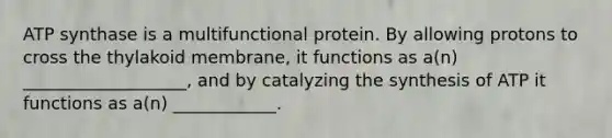 ATP synthase is a multifunctional protein. By allowing protons to cross the thylakoid membrane, it functions as a(n) ___________________, and by catalyzing the synthesis of ATP it functions as a(n) ____________.