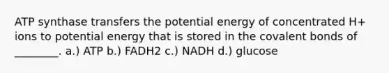 ATP synthase transfers the potential energy of concentrated H+ ions to potential energy that is stored in the covalent bonds of ________. a.) ATP b.) FADH2 c.) NADH d.) glucose