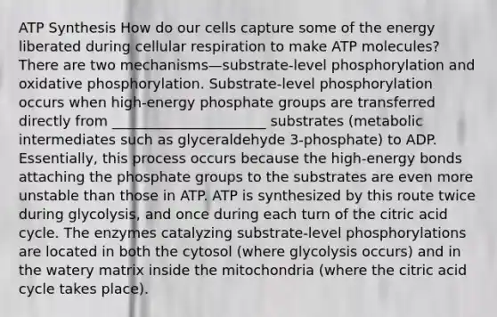 ATP Synthesis How do our cells capture some of the energy liberated during cellular respiration to make ATP molecules? There are two mechanisms—substrate-level phosphorylation and oxidative phosphorylation. Substrate-level phosphorylation occurs when high-energy phosphate groups are transferred directly from ______________________ substrates (metabolic intermediates such as glyceraldehyde 3-phosphate) to ADP. Essentially, this process occurs because the high-energy bonds attaching the phosphate groups to the substrates are even more unstable than those in ATP. ATP is synthesized by this route twice during glycolysis, and once during each turn of the citric acid cycle. The enzymes catalyzing substrate-level phosphorylations are located in both the cytosol (where glycolysis occurs) and in the watery matrix inside the mitochondria (where the citric acid cycle takes place).