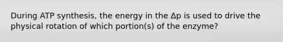 During ATP synthesis, the energy in the Δp is used to drive the physical rotation of which portion(s) of the enzyme?