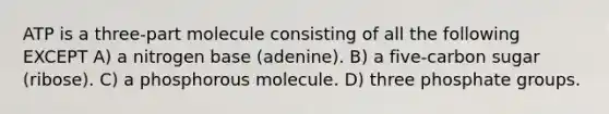 ATP is a three-part molecule consisting of all the following EXCEPT A) a nitrogen base (adenine). B) a five-carbon sugar (ribose). C) a phosphorous molecule. D) three phosphate groups.