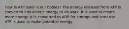 How is ATP used in our bodies? The energy released from ATP is converted into kinetic energy to do work. It is used to create more energy. It is converted to ADP for storage and later use. ATP is used to make potential energy.