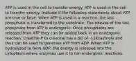 ATP is used in the cell to transfer energy. ATP is used in the cell to transfer energy. Indicate if the following statements about ATP are true or false. When ATP is used in a reaction, the last phosphate is transferred to the substrate. The release of the last phosphate from ATP is endergonic. Once phosphates are released from ATP they can be added back in an endergonic reaction. Creatine-P to creatine has a ΔG of -11kcal/mole and thus can be used to generate ATP from ADP. When ATP is hydrolyzed to form ADP, the energy is released into the cytoplasm where enzymes use it to run endergonic reactions.