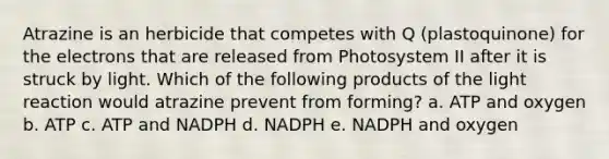 Atrazine is an herbicide that competes with Q (plastoquinone) for the electrons that are released from Photosystem II after it is struck by light. Which of the following products of the light reaction would atrazine prevent from forming? a. ATP and oxygen b. ATP c. ATP and NADPH d. NADPH e. NADPH and oxygen