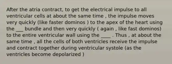 After the atria contract, to get the electrical impulse to all ventricular cells at about the same time , the impulse moves very quickly (like faster dominos ) to the apex of the heart using the ___ bundle and then very quickly ( again , like fast dominos) to the entire ventricular wall using the ____ . Thus , at about the same time , all the cells of both ventricles receive the impulse and contract together during ventricular systole (as the ventricles become depolarized )