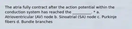 The atria fully contract after the action potential within the conduction system has reached the __________. * a. Atrioventricular (AV) node b. Sinoatrial (SA) node c. Purkinje fibers d. Bundle branches