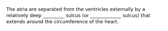 The atria are separated from the ventricles externally by a relatively deep _________ sulcus (or _____________ sulcus) that extends around the circumference of the heart.