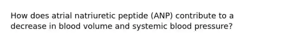 How does atrial natriuretic peptide (ANP) contribute to a decrease in blood volume and systemic blood pressure?