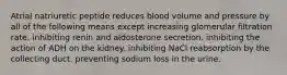 Atrial natriuretic peptide reduces blood volume and pressure by all of the following means except increasing glomerular filtration rate. inhibiting renin and aldosterone secretion. inhibiting the action of ADH on the kidney. inhibiting NaCl reabsorption by the collecting duct. preventing sodium loss in the urine.