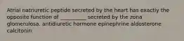 Atrial natriuretic peptide secreted by the heart has exactly the opposite function of __________ secreted by the zona glomerulosa. antidiuretic hormone epinephrine aldosterone calcitonin