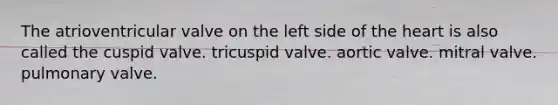 The atrioventricular valve on the left side of the heart is also called the cuspid valve. tricuspid valve. aortic valve. mitral valve. pulmonary valve.