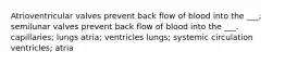 Atrioventricular valves prevent back flow of blood into the ___; semilunar valves prevent back flow of blood into the ___. capillaries; lungs atria; ventricles lungs; systemic circulation ventricles; atria