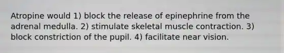 Atropine would 1) block the release of epinephrine from the adrenal medulla. 2) stimulate skeletal <a href='https://www.questionai.com/knowledge/k0LBwLeEer-muscle-contraction' class='anchor-knowledge'>muscle contraction</a>. 3) block constriction of the pupil. 4) facilitate near vision.