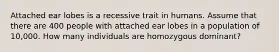 Attached ear lobes is a recessive trait in humans. Assume that there are 400 people with attached ear lobes in a population of 10,000. How many individuals are homozygous dominant?