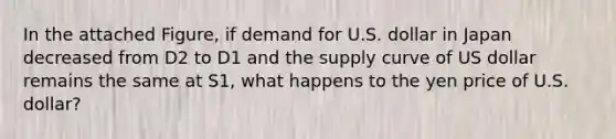 In the attached Figure, if demand for U.S. dollar in Japan decreased from D2 to D1 and the supply curve of US dollar remains the same at S1, what happens to the yen price of U.S. dollar?