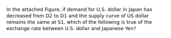 In the attached Figure, if demand for U.S. dollar in Japan has decreased from D2 to D1 and the supply curve of US dollar remains the same at S1, which of the following is true of the exchange rate between U.S. dollar and Japanese Yen?