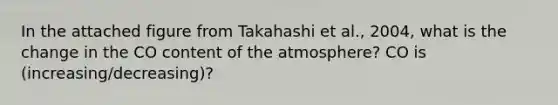 In the attached figure from Takahashi et al., 2004, what is the change in the CO content of the atmosphere? CO is (increasing/decreasing)?