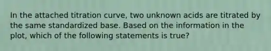 In the attached titration curve, two unknown acids are titrated by the same standardized base. Based on the information in the plot, which of the following statements is true?