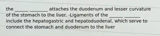 the ______ ________ attaches the duodenum and lesser curvature of the stomach to the liver. -Ligaments of the ______ _______ include the hepatogastric and hepatoduodenal, which serve to connect the stomach and duodenum to the liver