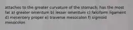 attaches to the greater curvature of the stomach; has the most fat a) greater omentum b) lesser omentum c) falciform ligament d) mesentery proper e) traverse mesocolon f) sigmoid mesocolon