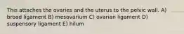 This attaches the ovaries and the uterus to the pelvic wall. A) broad ligament B) mesovarium C) ovarian ligament D) suspensory ligament E) hilum