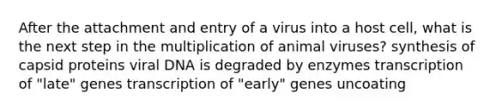 After the attachment and entry of a virus into a host cell, what is the next step in the multiplication of animal viruses? synthesis of capsid proteins viral DNA is degraded by enzymes transcription of "late" genes transcription of "early" genes uncoating