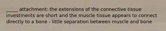 _____ attachment: the extensions of the connective tissue investments are short and the muscle tissue appears to connect directly to a bone - little separation between muscle and bone