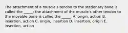 The attachment of a muscle's tendon to the stationary bone is called the _____; the attachment of the muscle's other tendon to the movable bone is called the _____. A. origin, action B. insertion, action C. origin, insertion D. insertion, origin E. insertion, action