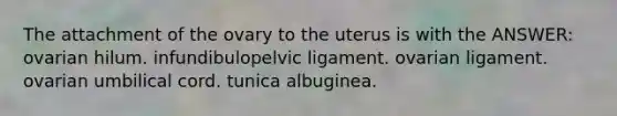 The attachment of the ovary to the uterus is with the ANSWER: ovarian hilum. infundibulopelvic ligament. ovarian ligament. ovarian umbilical cord. tunica albuginea.