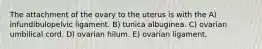 The attachment of the ovary to the uterus is with the A) infundibulopelvic ligament. B) tunica albuginea. C) ovarian umbilical cord. D) ovarian hilum. E) ovarian ligament.