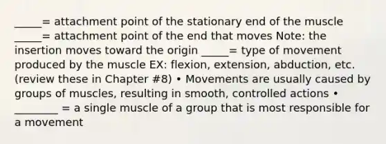 _____= attachment point of the stationary end of the muscle _____= attachment point of the end that moves Note: the insertion moves toward the origin _____= type of movement produced by the muscle EX: flexion, extension, abduction, etc. (review these in Chapter #8) • Movements are usually caused by groups of muscles, resulting in smooth, controlled actions • ________ = a single muscle of a group that is most responsible for a movement