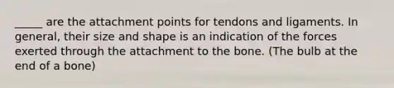 _____ are the attachment points for tendons and ligaments. In general, their size and shape is an indication of the forces exerted through the attachment to the bone. (The bulb at the end of a bone)