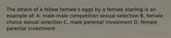 The attack of a fellow female's eggs by a female starling is an example of: A. male-male competition sexual selection B. female choice sexual selection C. male parental investment D. female parental investment