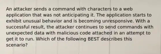 An attacker sends a command with characters to a web application that was not anticipating it. The application starts to exhibit unusual behavior and is becoming unresponsive. With a successful result, the attacker continues to send commands with unexpected data with malicious code attached in an attempt to get it to run. Which of the following BEST describes this scenario?