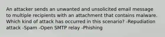 An attacker sends an unwanted and unsolicited email message to multiple recipients with an attachment that contains malware. Which kind of attack has occurred in this scenario? -Repudiation attack -Spam -Open SMTP relay -Phishing