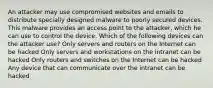 An attacker may use compromised websites and emails to distribute specially designed malware to poorly secured devices. This malware provides an access point to the attacker, which he can use to control the device. Which of the following devices can the attacker use? Only servers and routers on the Internet can be hacked Only servers and workstations on the intranet can be hacked Only routers and switches on the Internet can be hacked Any device that can communicate over the intranet can be hacked